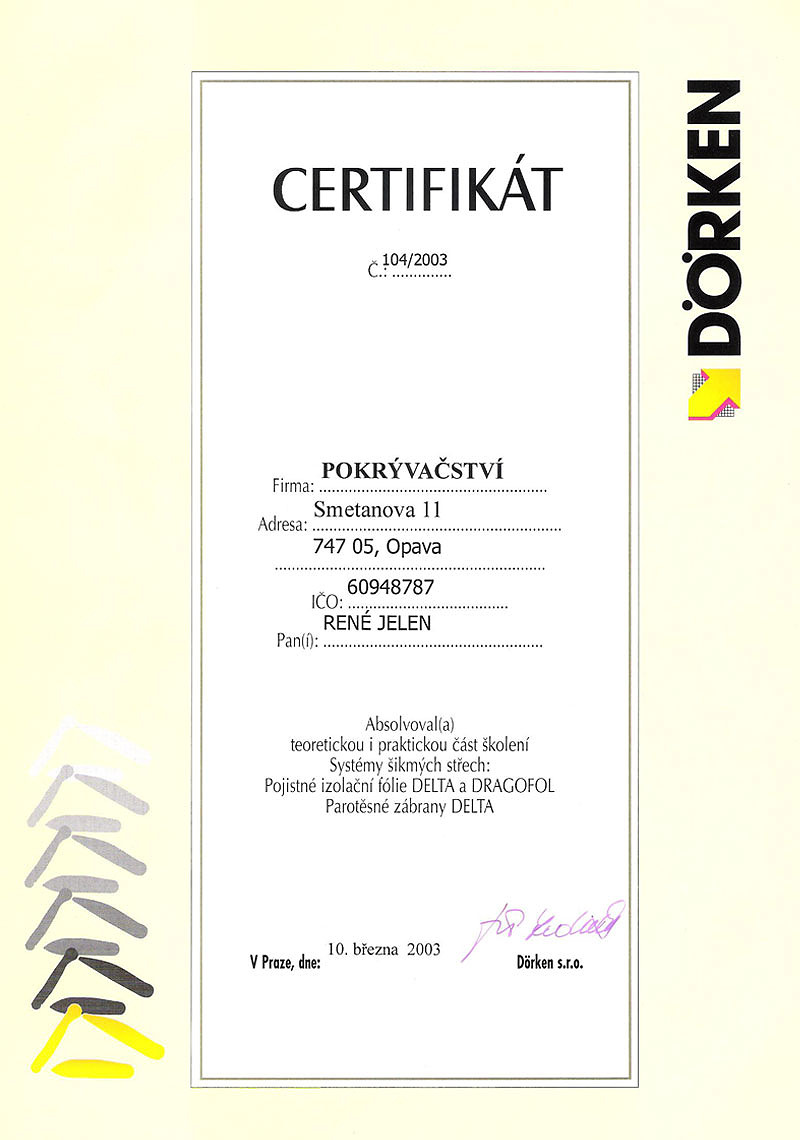 Certifikát na izolační fólie